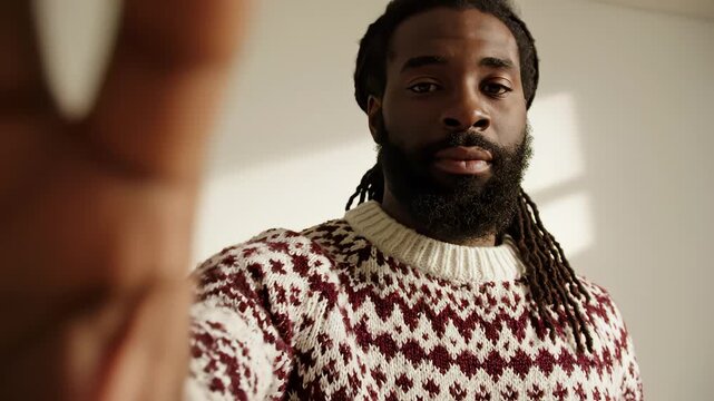 Man in patterned sweater extending hand