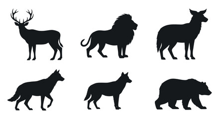 Obraz premium A collection of silhouetted animals including deer, lion, wolf, deer, and bear in various poses on a clean background viewed from the side