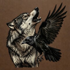 Wolf and Raven Linocut Style Illustration with Optical Illusion Effect