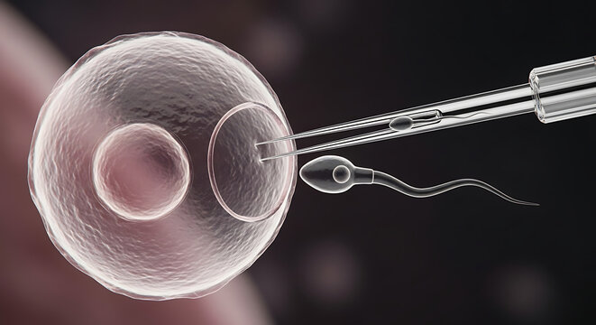 Microscopic view of human ovum egg cell being injected by needle for artificial insemination and fertilization in laboratory biotech medical research clinic.