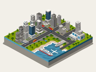 Isometric illustration of a modern city with waterfront and transportation