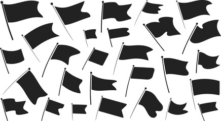 Flag silhouette vector illustration set, dynamic black design with waving shapes, motion patterns, and versatile graphic motifs