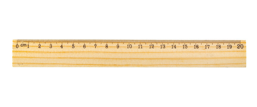 Wooden ruler showing metric scale measurement on transparent background