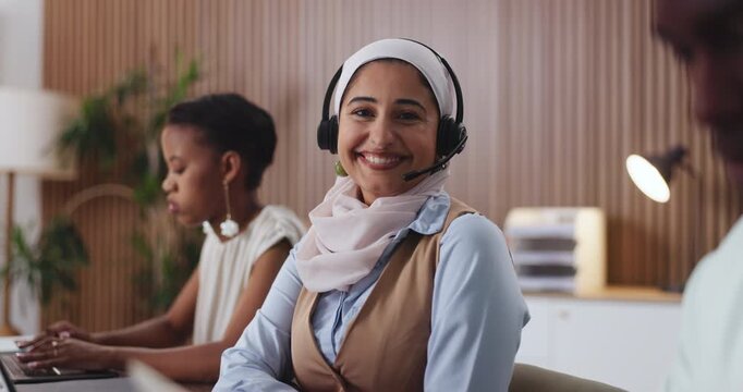 Face, happy woman and consultant in call center for telemarketing, about us and laptop. Portrait, person and sales agent with headset for telesales, lead generation and coworking with computer