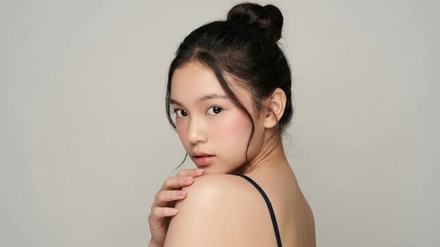 Gentle portrait of a beautiful young Asian woman with a natural look and hair bun