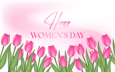 Illustration of a greeting card for Women's Day with tulips on a white and pink background.