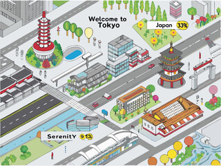 Fototapeta premium Isometric illustration of tokyo landmarks transportation and city elements