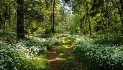 Obraz premium Forest path blooming with wildflowers under dappled sunlight