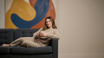 Obraz premium A young woman relaxing on a couch in a living room with a vibrant abstract painting in the background