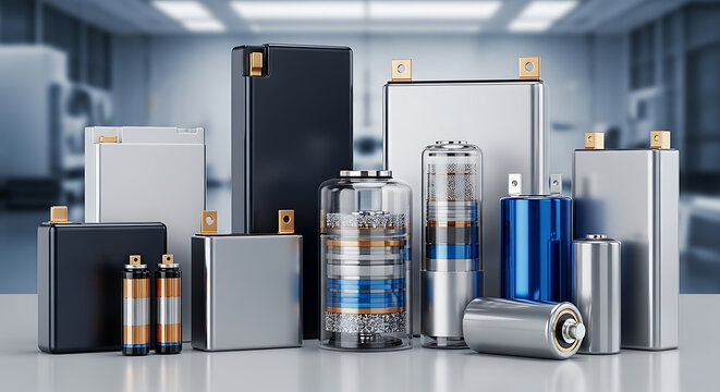 Collection of advanced solid-state energy storage cells and modern rechargeable lithium ion battery packs for sustainable power technology and electronic device equipment supply.