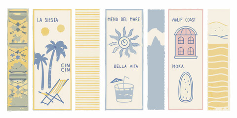 Stylized travel postcards featuring coastal scenes and mediterranean motifs © krishna