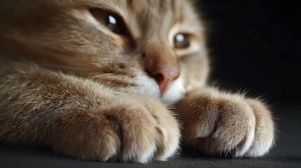 Close up portrait of a ginger tabby cat s soft paws and face resting peacefully against a dark background with shallow depth of field