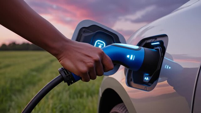 Person charging electric car in field