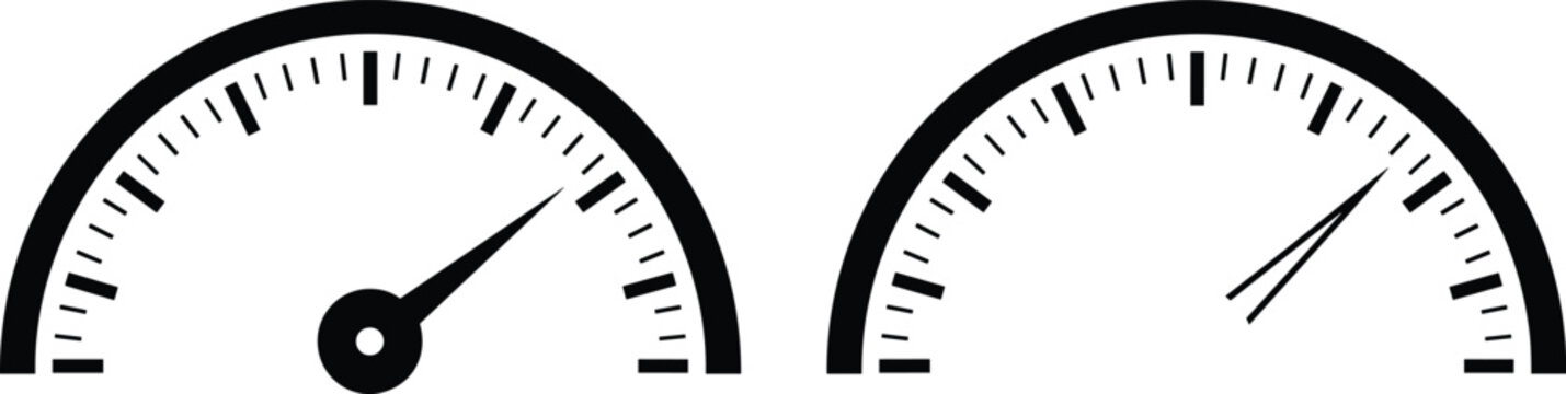 Speedometer and gauge icons set vector illustration, dashboard dial silhouettes for performance measurement, automotive speed and pressure levels indicator design,
