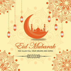 Elegant Eid Mubarak Greeting Card with Crescent Moon Mosque and Hanging Lanterns Vector Design