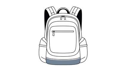 Simple black and white line drawing illustrates a modern backpack with multiple zippers and side pockets on a white background.
