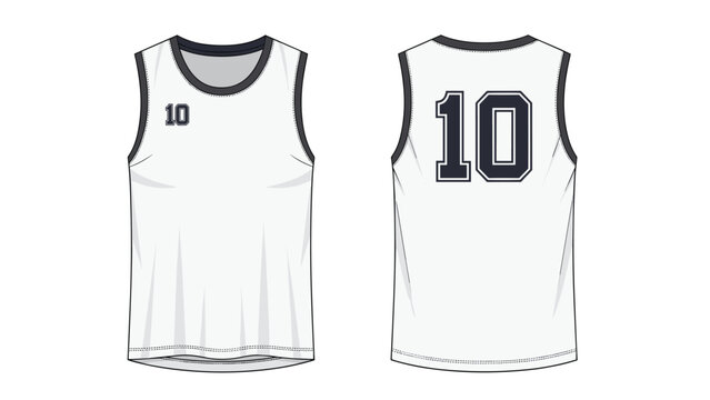 Technical fashion flat of a white basketball jersey with the number ten shown in both front and back views for sportswear design projects.