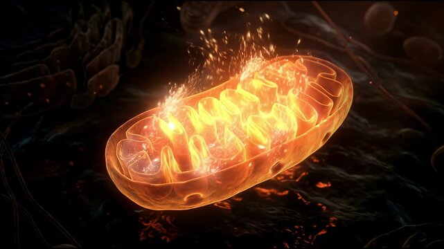 Cinematic microscopic view of glowing mitochondria producing bright energy atp particle inside human cell showing cellular respiration biological power organelle science animation and 3d loop