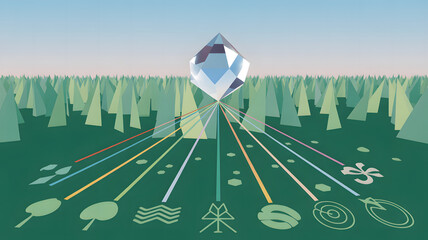A central faceted crystal prism connecting to nature symbols via colorful lines in a minimalist low-poly green forest setting with a centered composition