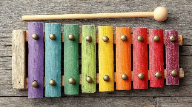 Colorful xylophone toy commercial display, wood metal keys single mallet table showcase, left copy space professional layout, children's instrument retail suitable for toy brands and e-commerce displa