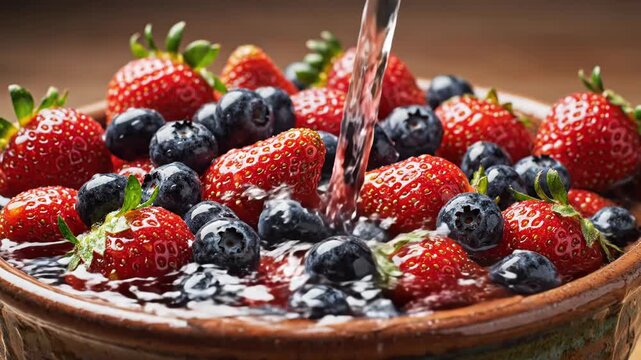 Fresh mixed berries splash in water, vibrant fruit close-up