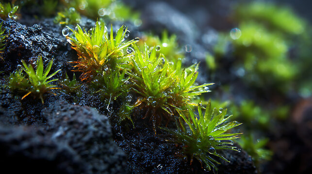 Macro Shot of Vibrant Green Moss with Sparkling Water Droplets on Dark Volcanic Rock, Beautiful Nature Background Illustrating Growth, Freshness, and Ecosystem Vitality.