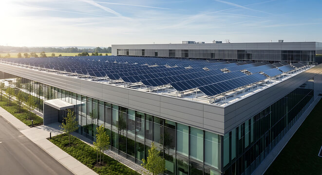 Modern architectural data center facility featuring a sustainable rooftop solar panel array, reflecting a green technology infrastructure and renewable energy storage solution.