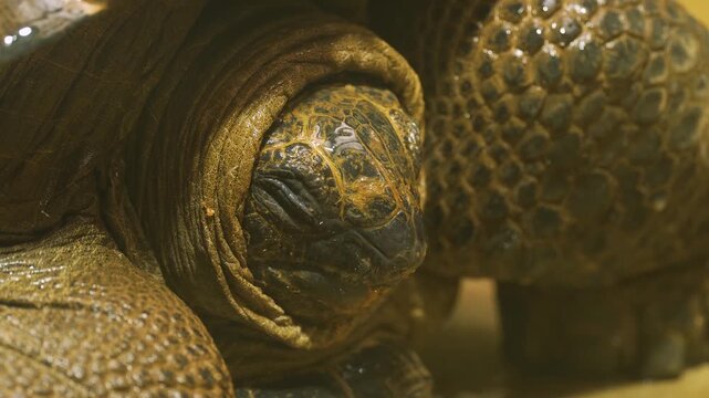 Close up of a giant turtle head watching and looking around on a cloudy day