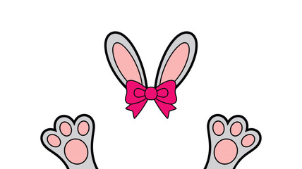 Fototapeta premium Bunny ears with pink bow and paws peeking up from white surface
