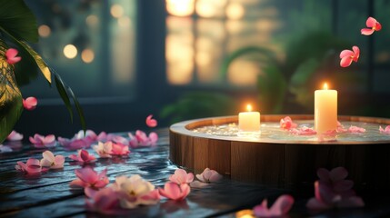 Tranquil Spa Scene with Candlelight and Floating Flower Petals