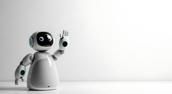 Adorable miniature humanoid AI assistant robot raising a hand against a blank minimalist studio background, high-tech companion bot with sleek white design and futuristic features.