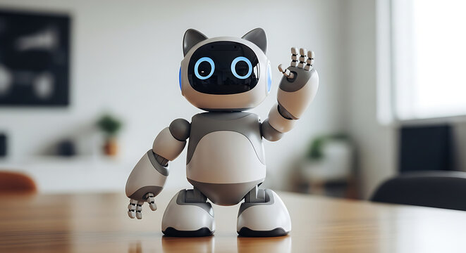 Small adorable artificial intelligence personal assistant robot lifting hand up in 4k high definition footage featuring futuristic friendly machine design with interactive interface concept