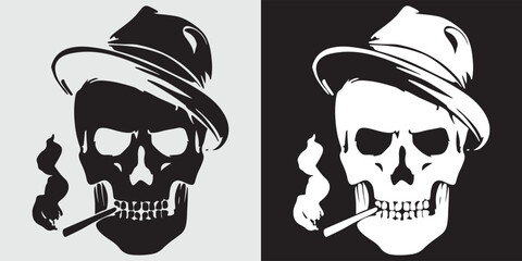 Skull with hat smoking cigar vector illustration flat design gothic art