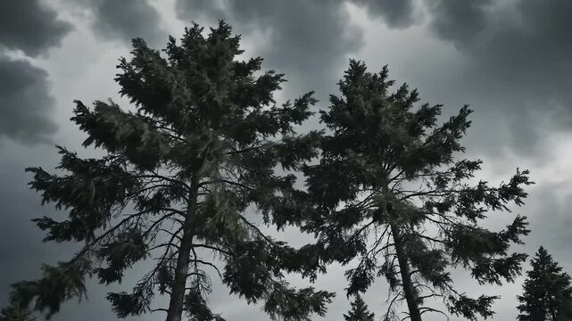 Tall trees under stormy sky