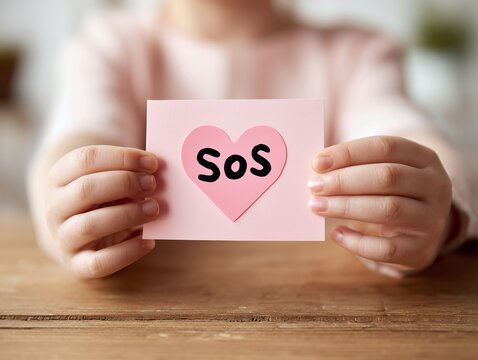 ピンクのハートにSOSと書かれたカードを両手で差し出し助けを求める子供の手元
