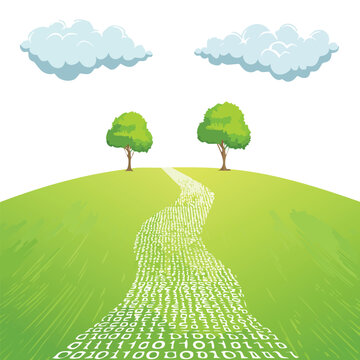 Green hill with trees and path of binary code under cloudy sky