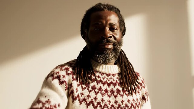 Man with raised hand wearing sweater