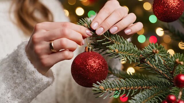 Person decorating Christmas tree with ornaments