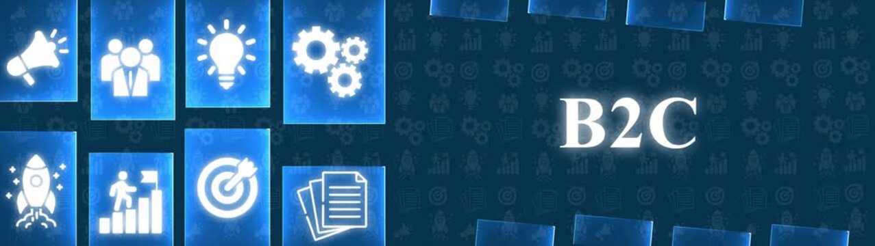 B2 C Business to Consumer Icons and Text on Blue Background Keywords: B2 C, Business to Consumer, retail, customer, sales, marketing, strategy, planning, management, corporate, company