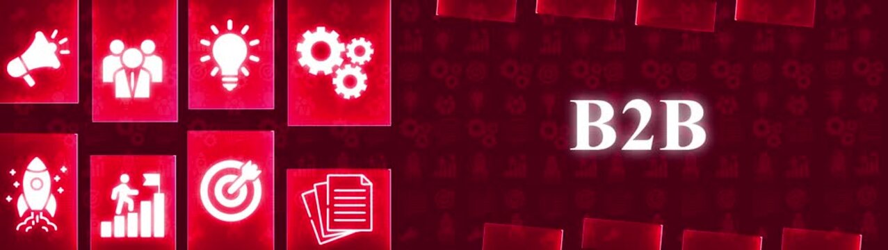 B2 B Business to Business Icons and Text on Red Background Keywords: B2 B, Business to Business, commerce, trade, partnership, collaboration, network, corporate, company, growth, strategy