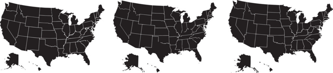 United States Map Silhouette Vector &ndash; Black USA Outline with State Borders, American Geography Design, and Country Map Illustration .