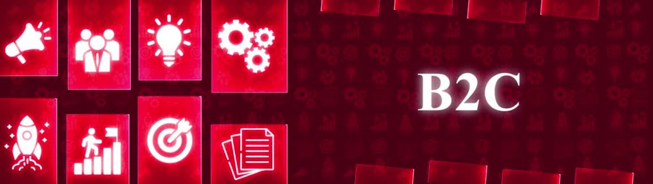 Business to Consumer B2 C concept with glowing icons and dark red background pattern marketing strategy