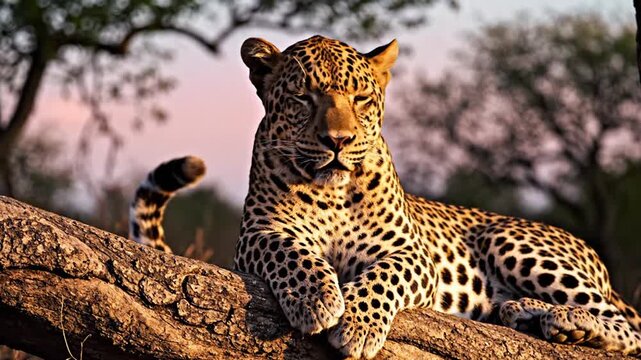 Leopard Resting on Tree Branch in Forest.