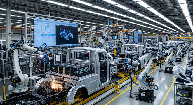Automated industrial vehicle plant featuring robotic arms on a smart assembly line manufacturing a modern electric truck within a futuristic hitech manufacturing facility workshop.