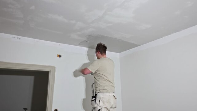 Close up view of worker applying putty to ceiling during apartment renovation. Sweden.