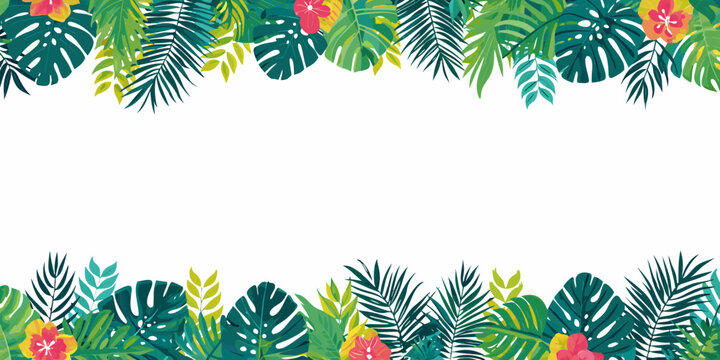 A vibrant tropical foliage arrangement forms a decorative border