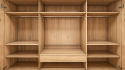 Empty wooden shelving unit with multiple compartments. The shelves are spacious and designed for storage or display purposes.