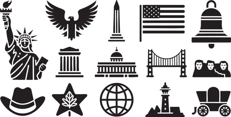 Fototapeta premium Collection of black silhouette icons representing various American and Canadian national symbols and landmarks on a white background.