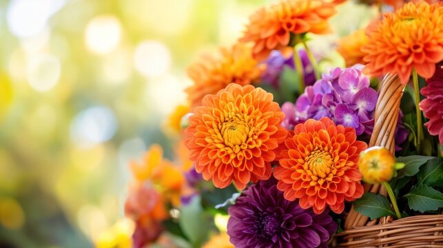 Vibrant Floral Basket: A close-up shot of a basket overflowing with an array of bright, beautiful flowers. with a soft, blurred background.