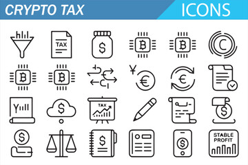 Fototapeta premium Cryptocurrency Tax Icons Collection with Bitcoin and Finance Line Symbols